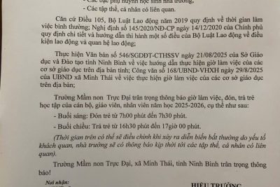 Quy định thời gian đón trả trẻ – Trường mầm non Trực Đại